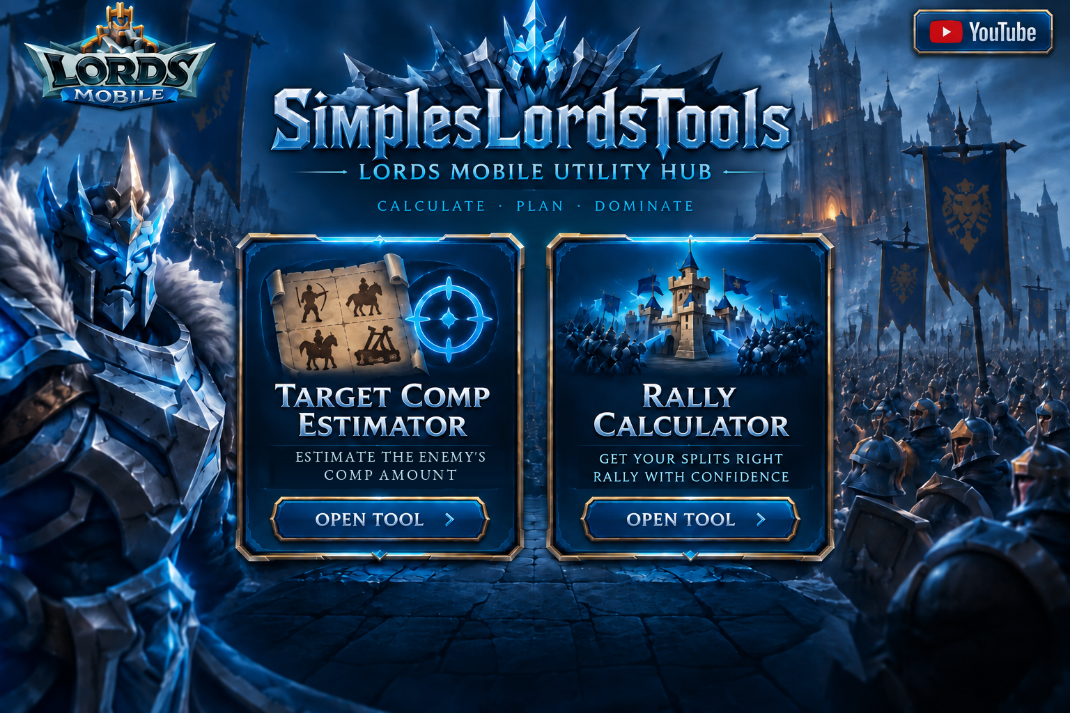 SimplesLordsTools Lords Mobile utility hub with Target Comp Estimator and Rally Calculator menu cards.